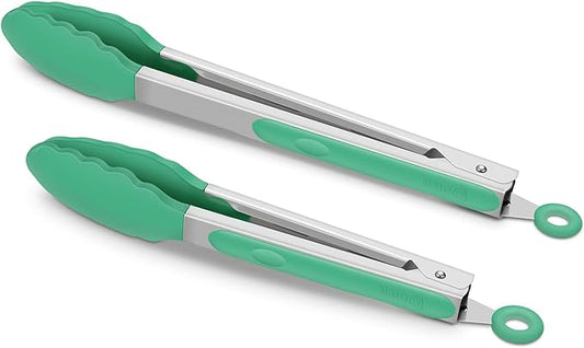 9-Inch & 12-Inch Premium Stainless Steel Food Tongs, Turquoise Silicone BPA Free Non-Stick BBQ Cooking Grilling Locking Kitchen Tong