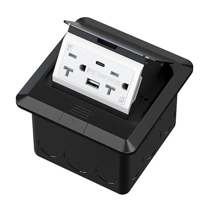KYHSHJ USB Pop Up Floor Socket Kit with 2 * 20A Receptacle，4.8A 1 USB-A Ports &1 USB-C Port，Corrosive Resistant Hardware,Black