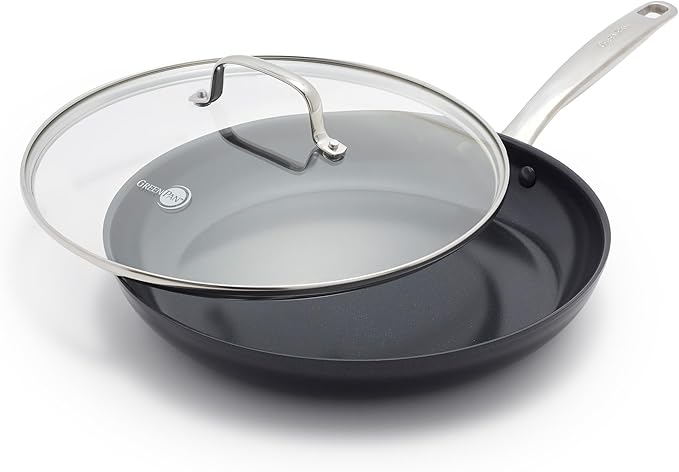 GreenPan Chatham Black Prime Midnight Hard Anodized Healthy Ceramic Nonstick, 12" Frying Pan Skillet with Lid, PFAS-Free, Dishwasher Safe, Oven Safe, Black