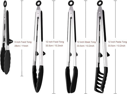 4 Pack Silicone Kitchen Cooking Tongs Set, Stainless Steel Nonstick Food Tong with BPA Free Silicone Tips for Serving Pasta Spaghetti Steak Pie Pizza Salad Vegetable Fruit Grilling BBQ Buffet 9" & 12"
