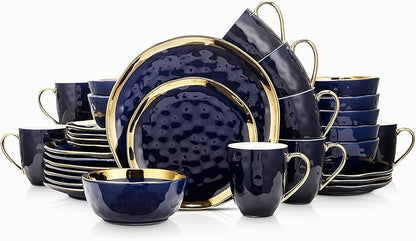 Stone Lain Florian Modern Porcelain Dish Set, 32-Piece Dishes for 8, Gold and Blue