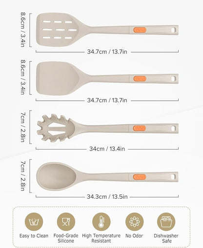 Silicone Spatulas and Spaghetti Spoons, 4 Pack Heat Resistant Full Silicone Cooking Utensils Set, Non Stick Large Kitchen Spatula Spoons for Cooking, Mixing, Serving, Draining