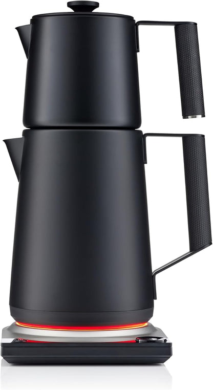 SAKI Turkish Tea Maker Machine Pro, Electric Double-Pot Teapot 1.75L 120V, 120 Min Keep-Warm, Stainless Steel BPA-Free, Auto Shut-Off & Boil-Dry, LED Brew Ring, Matte Black