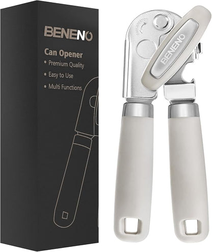 Beneno Heavy Duty Hand Can Opener Manual with Magnet, Durable Sharp Carbon Steel Blade Smooth Cutting, Big Effort-Saving Knob & Soft Grip Handle, Multifunctional Kitchen Tool with Bottle Opener, Beige