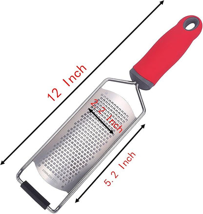 Heavy Duty Cheese Grater, 5.2 Inch x 2.2 Inch Wide Blade Stainless Steel Grater with Rubber Handle for Vegetables, Cheese and Lemon (Red)