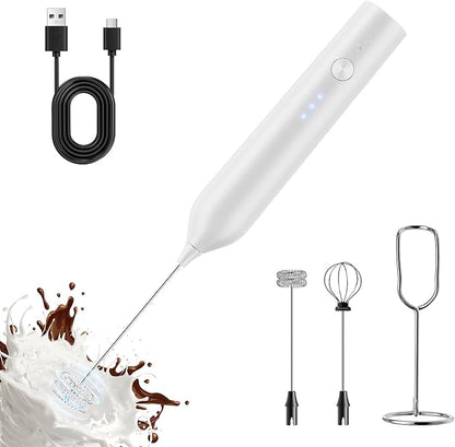 Rechargeable Milk Frother with Stand, Electric Frother Wand Handheld Coffee Foam Maker Detachable Stainless Steel Whisk Drink Mixer Foamer for Latte, Cappuccino, Hot Chocolate, Egg (White)