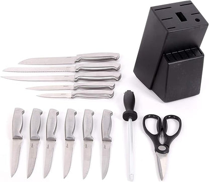 Oster Baldwyn 14 Piece Stainless Steel Cutting Kitchen Knife Cutlery Set with Swivel Block Holder and Knife Sharpener, Brushed Satin