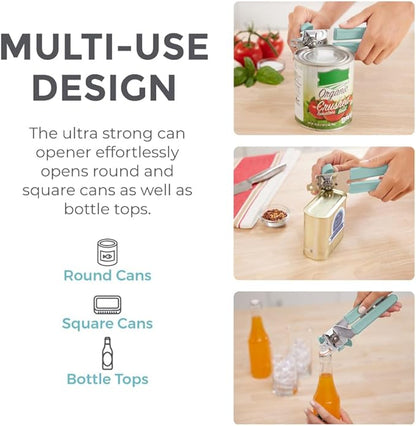Kitchen Genie Heavy Duty Stainless Steel Manual Can Opener, Strong Blade for Smooth Edge Cuts, Open Cans Easily, Slip-Resistant Ergonomic Handle, Easy Turn Knob, Bottle Openers Included, Mint