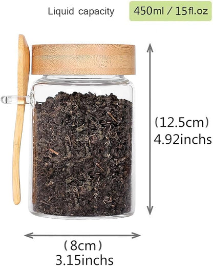 Glass Jar with Screw Lid and Spoon, 3 Pack 16 OZ Tea Containers for Loose Leaf Tea, Salt and Sugar Containers for Countertop, Yogurt Jars for Overnight Oatmeal