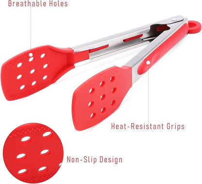 9 Inch Kitchen Tongs, Cooking Tongs with Slotted Silicone Tips and Stainless Steel Handle, Non Stick Heat Resistant Tongs for Cooking, Buffet, Salad Serving (9", Red)