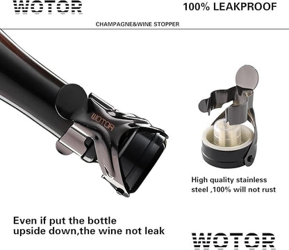WOTOR Champagne&Wine Bottle Stoppers Stainless Steel with Food Grade Silicone, Leak Proof Keep Fresh Reusable Saver, Cork Suitable for Wine, Champagne, Cava, Prosecco and Sparkling (6 Pack Black）