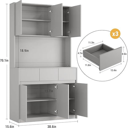 Garvee Kitchen Pantry Cabinet,71 in Tall Storage Cabinet with Doors&Shelves Adjustable, Kitchen Storage Hutch with Microwave Shelf, Led Lights&Charging Station,Corner Pantry Cabinet