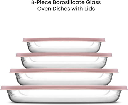 JoyJolt 8-Piece Borosilicate Glass Oven Dishes with Blushy Pink Lids, Rectangle Deep Glass Baking Dish Set, Baking Pans for Lasagna Casserole Cake, Bakeware Set, Freezer to Oven Tray to Dishwasher