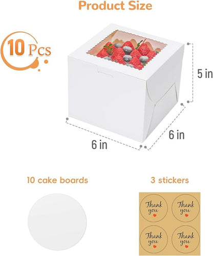 10pcs 6 Inch Cake Boxes with Sticks and Boards for Cookies, Small Cakes, Mini Desserts, Bento, and Bakery, Cupcake Box for Birthday, Party, Wedding, Mother's Day, Christmas（6x6x5 inch）