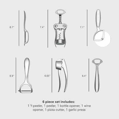 Public Goods Kitchen Tool Set | 6 Piece Kitchen Utensil Set | Includes Y-Peeler, Peeler, Bottle Opener, Wine Opener, Pizza Cutter, and Garlic Press | Plastic-Free, Dishwasher Safe Gadget Essentials