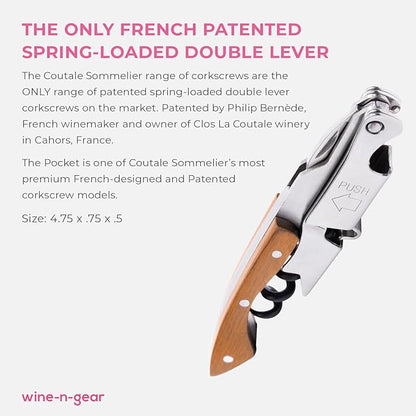 Pocket Prestige Waiters Corkscrew By Coutale Sommelier - Naturalwood - French Patented Spring-Loaded Double Lever Wine Bottle Opener for Bartenders and Gifts - Sharp Micro-Serrated Knife