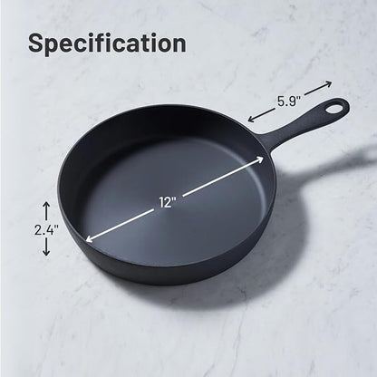 Flambo 12 Inch Smooth Cast Iron Skillet - Naturally Non-Stick, Pre-Seasoned Frying Pan, Smooth Finish for Grilling, Frying, Sauteing, Searing, Baking - Use on Oven, Stove, Grill, or Campfire