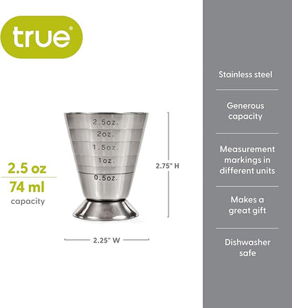 True Trio Multi-Unit Drink Measure, Shot Measuring Cup with Oz, Ml, and Tbsp Markings, Stainless Steel 2.5oz Set of 1