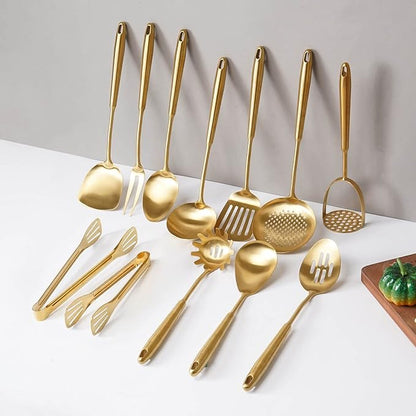 Gold Kitchen Utensils Set, 12 PCS Brass Matte Serving Utensils, 18/10 Stainless Steel All Metal Cooking Tools - Potato Masher, Tongs, Meat Fork, Spatula, Turner, Ladle, Skimmer, Spaghetti Spoon Set