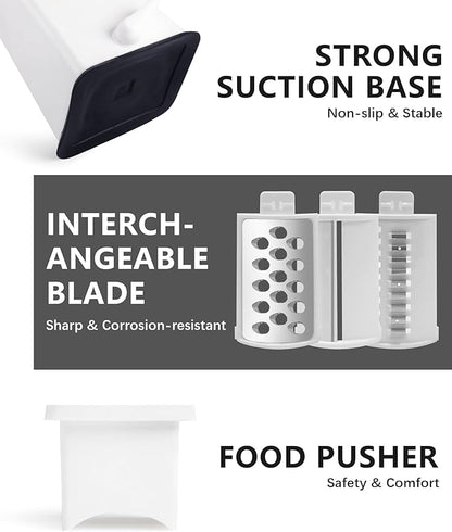 3-in-1 Rotary Cheese Grater Handheld, Lightweight Body with 3 Stainless Steel Blades & Non-Slip Suction Base, for Shredding Parmesan, Slicing Vegetables, Grating Chocolate（White）