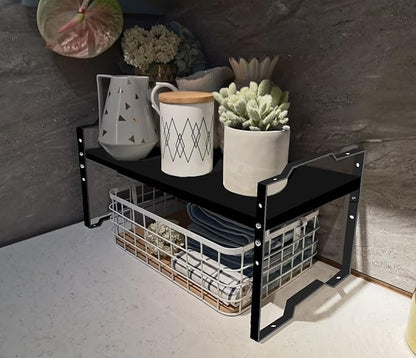 Expandable Shelf for Cabinet Organizer Adjustable Stackable Spice Rack at Kitchen and Bathroom More, Counter Countertop Cupboard Organization Pantry Storage(LARGE/2PACKS/BLACK)