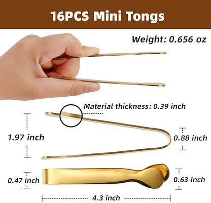 Pleafind 16 PCS Mini Serving Tongs - 4.3 inch, Food-Grade 18/8 Stainless Steel Mini Tongs, Mirror-polished Charcuterie Accessories for Coffee shops, tea party, bars, Sugar and Ice Bucket
