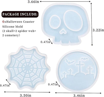 Halloween Coaster Resin Mold, 6Pcs Coaster Silicone Molds for Epoxy Resin, Skull Spider Web Cemetery Coaster Mold for Epoxy Casting, Jewelry Storage Candle Holder Mold for Craft Home Halloween Decor