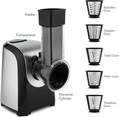 Electric Cheese Grater, Professional Electric Slicer Shredder, 150W Cheese Grater/Chopper Salad Maker, Shredder for Home Kitchen Use with One-Touch Control | 5 Free Attachments