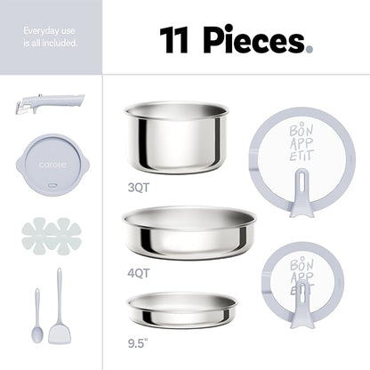 CAROTE Tri-Ply Stainless Steel Cookware Set with Stand-Up Lid, 11Pcs Pots and Pans Set Non Stick, Induction Kitchen Cooking Sets with Detachable Handle, Oven Safe to 600°F, Non Toxic Dishwasher