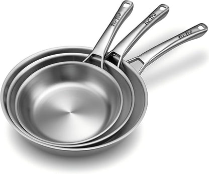 Tri-Ply Stainless Steel Frying Pans Set,PFOA&PTFE Free Skillets,Chef's Pan Set(8+10+12inch) Frying Pans for cooking,Induction Cookware Sets,Dishwasher and Oven Safe Kitchen set