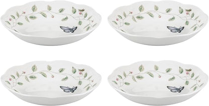 Lenox Pasta Bowls, 20oz Butterfly Meadow Pasta Bowl Set of 4, Service For 4, Porcelain, White Serving Bowls, Wide, Shallow, Lenox Butterfly Meadow Collection, Dishwasher/Microwave Safe (White 4-Piece)