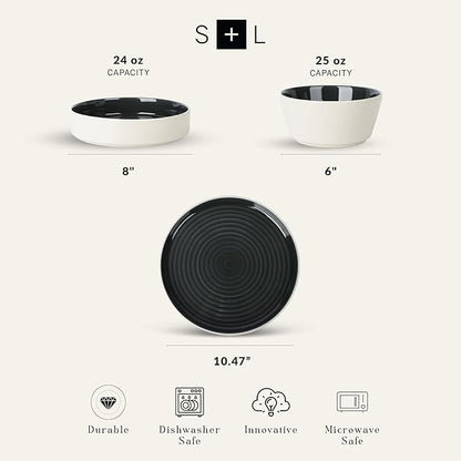 Stone Lain Elica 24-Piece Modern Dinnerware Set Stoneware, Plates and Bowl Sets for 8, Black and Beige