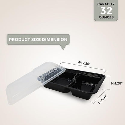 Klex 32 Oz, 150 Sets 2 Compartment Meal Prep Containers with Airtight Lids, BPA Free, Reusable Plastic Food Container, 32 oz, Rectangular, Black/Clear, 150 Sets
