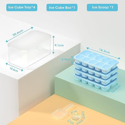 DOQAUS Ice Cube Tray with Lid and Bin, 4 Pack Silicone Plastic Ice Cubes Trays for Freezer with Box/Container, Stackable with Storage Iced Bucket Kits, Scoop, for RV, Soup, Food, Cocktail, Coffee