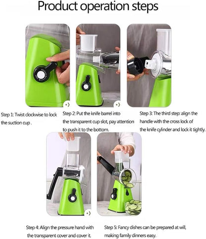 Manual Rotary Potato Grater Kitchen Mandoline Vegetable Slicer，with 3 Interchangeable Blades，Easy to use (Green)