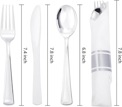 Liacere 100 Pack Silver Plastic Silverware-Pre Wrapped cutlery and Napkin-Pre Rolled Silverware Disposable 100 Forks, 100 Knives 100 Spoons, 100 Napkins Plastic Utensils＆Father's Day＆Independence Day