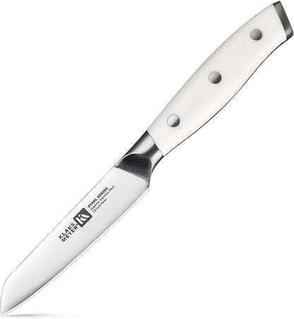 Klaus Meyer Stahl 3.5 inch Paring Knife High Carbon Exclusive German Steel Fruit Knife, Small Kitchen Knife with Ergonomic Handle (White)