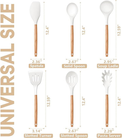 P&P CHEF Cooking Utensils Set, 6 PCS Kitchen Utensils with Wooden Handle, Silicone Spatula for Nonstick Cookware, Easy Clean & Non-toxic, White