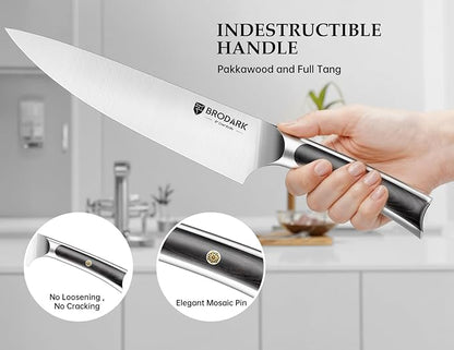 BRODARK Kitchen Knife Set with Block and Sharpener,15 PCS High Carbon Stainless Steel Knife Block Set, Ergonomic Pakkawood Handle for Christmas Kitchen Cooking