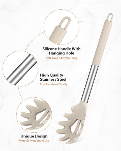 Silicone Spaghetti Spoon & Pasta Tong, Non-Stick Stainless Steel Handle Pasta Fork Set with Teeth, Food Clip for Easy Serving of Noodles (Khaki)