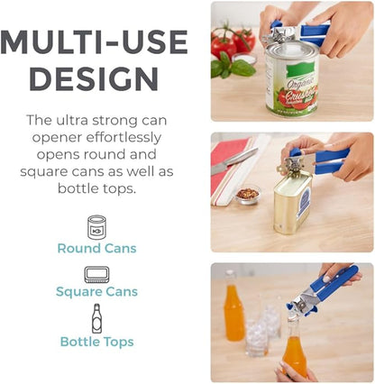 Kitchen Genie Slip Resistant Stainless Steel Manual Can Opener, Sharp Blade for Smooth Edge Cuts, Easily Open Cans, Ergonomic Handles with Easy to Turn Knob, Built-In Bottle Openers, Cobalt Blue