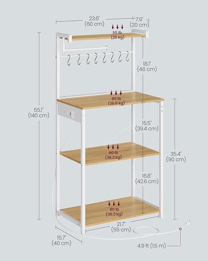 VASAGLE Kitchen Bakers Rack with Power Outlet, Coffee Bar 4-Tier with 8 S Hooks, Microwave Stand, Adjustable Shelf, for Small Spaces, Golden Oak and Cloud White UKKS014Y01V1