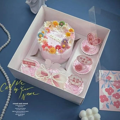 Bento Cake Box - Easy to Assemble White 4-inch Cake and 5 Cupcakes Box With Insert - 5 Sets Base for Family Birthday Party Mother's Day