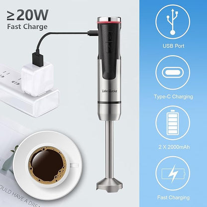 Liebe&Lecker Immersion Blender Cordless Handheld, 3 in 1 Cordless Hand Blender, 8 Speed Cordless Immersion Blender, Wireless Handheld Portable Mixer with Whisk Milk Frother for Soup Smoothie