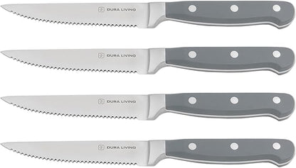 DURA LIVING Premium 4-Piece Steak Knife Set – Sharp Serrated Blades, Forged High Carbon Stainless Steel, Full Tang, Ergonomic Handle, Elegant Gray Finish – Ideal for Dining & Entertaining