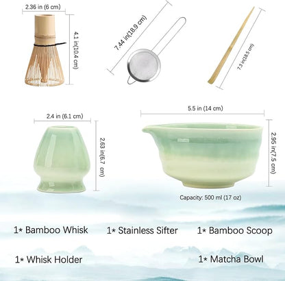Japanese Matcha Set, Matcha Bowl with Spout, Matcha Whisk and Holder, Bamboo Matcha Scoop and Stainless Steel Sifter - 5 Pcs Gradient Green Matcha Kit for Matcha Lover