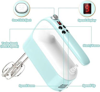 9-Speed Digital Hand Mixer Electric, 400W Powerful DC Motor, Baking Mixer Handheld with Snap-On Storage Case, 5 Stainless Steel Accessories, Flat Beaters, Dough Hooks, Whisk (Ice Blue & White)