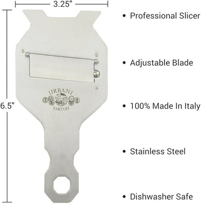Urbani Truffles Stainless Steel Truffle Slicer Shaver - Premium Cheese Shaver for Hard Cheese, Mushroom, Chocolate, Garlic & More, Kitchen Handheld Manual Slicer with Adjustable Blade, Food Shredder