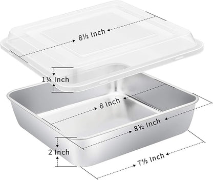 8 x 8-Inch Square Baking Pan with Lid, E-far Stainless Steel Square Cake Brownie Pan, Fit for Toaster Oven, Non-toxic & Healthy, Easy Storage & Dishwasher Safe - 2 Pieces(1 Pan + 1 Lid)