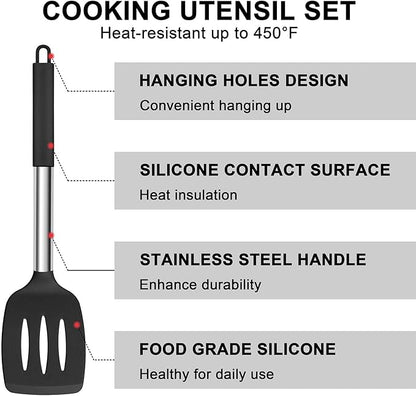 E-far Silicone Cooking Utensils Set, 7 Pcs Heat Resistant Kitchen Utensils with Stainless Steel Handle, Slotted Turner, Spoon, Soup Ladle, Pasta Server, Skimmer, Tongs for Nonstick Cookware, Black